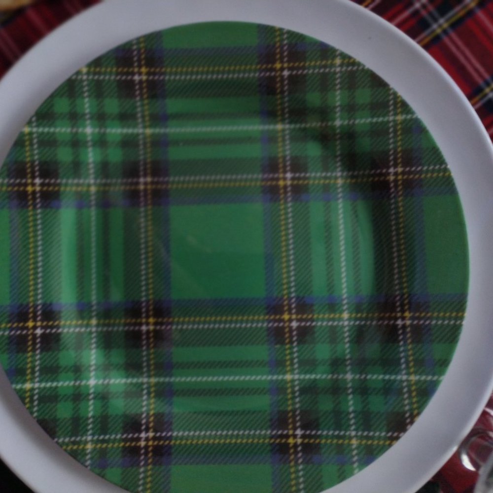 2nd. Holiday plaid Melamine 6 plate set & 6 red/white napkins. So cute & useful!